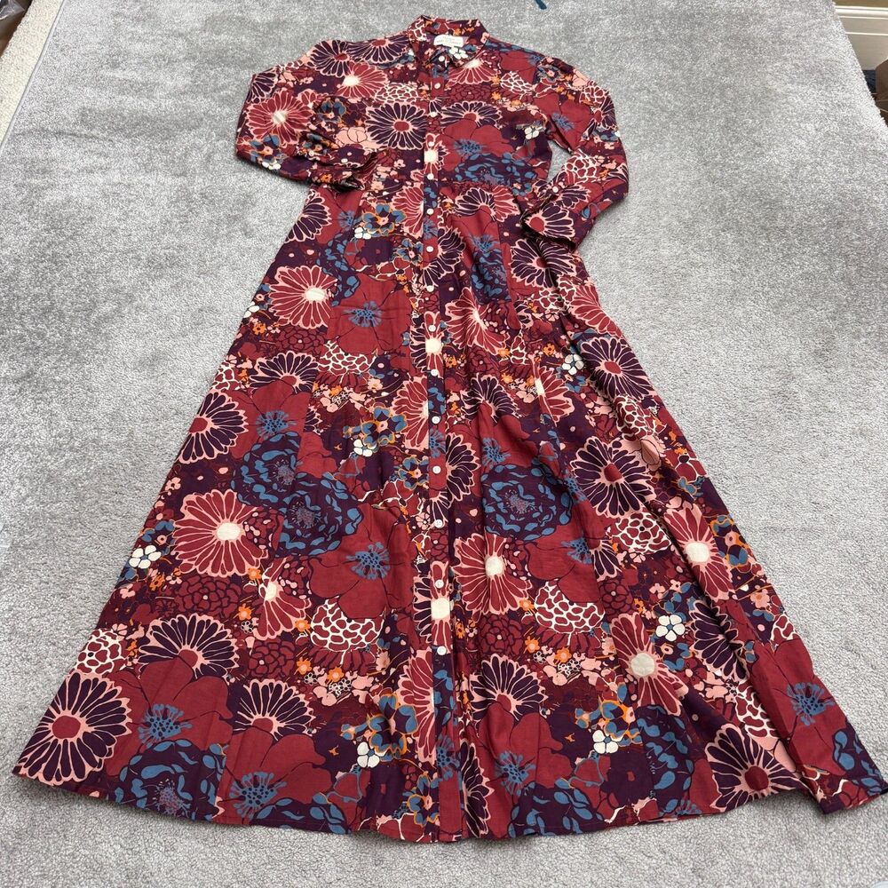 Birds Of Paradis by Trovata Floral Maxi Shirt Dress Womens XS Red Pockets Boho